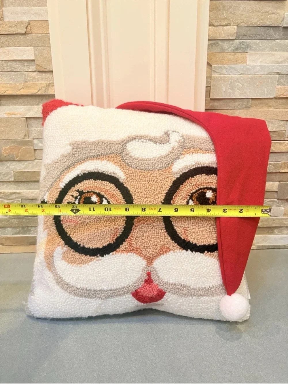 Ashland Santa Face Hooked Pillow with Red Hat and Black Glasses